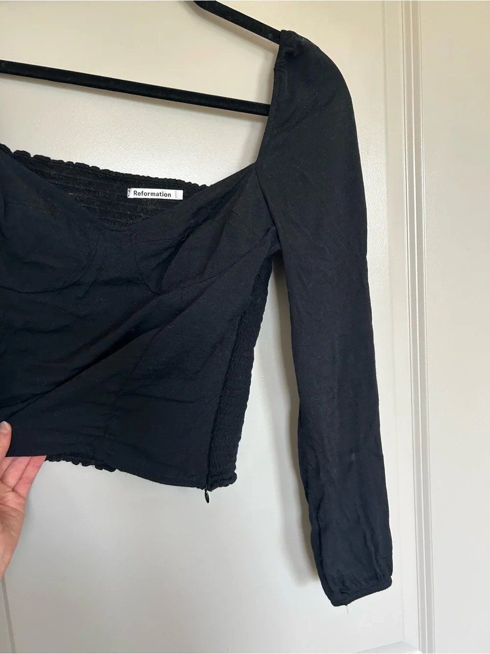 Reformation Reign Black Square-Neck Long Sleeve Crop Top